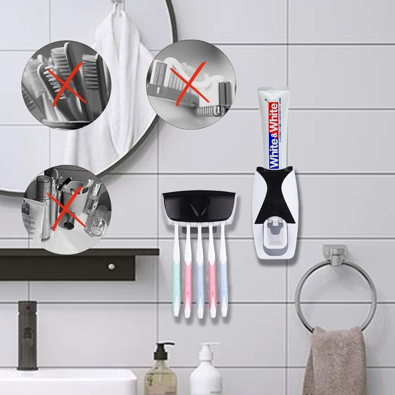 Wall Toothpaste Holder, Toothpaste Dispenser Wall Mounted Automatic Toothpaste Squeezer Toothbrush Holder for Family Washroom Bathroom 5 Brush Holder(Black)