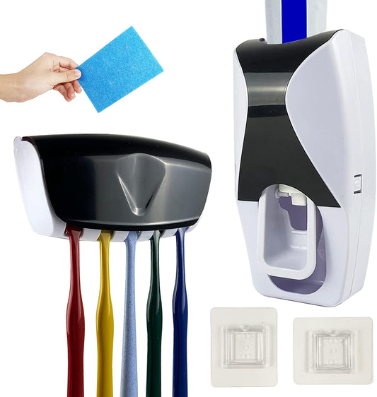Wall Toothpaste Holder, Toothpaste Dispenser Wall Mounted Automatic Toothpaste Squeezer Toothbrush Holder for Family Washroom Bathroom 5 Brush Holder(Black)
