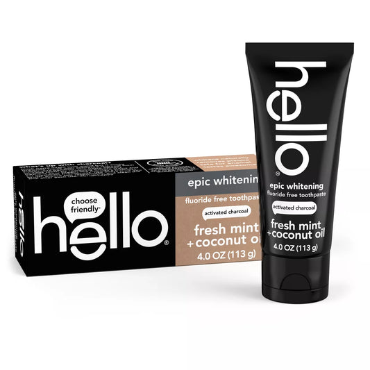 Hello Charcoal Fluoride-Free Whitening Toothpaste - Fresh Mint and Coconut Oil - 4Oz: Vegan, Sulfate-Free, 1-Pack, Paste